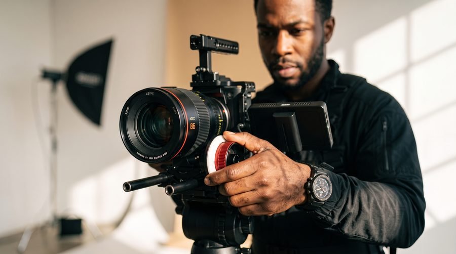 Cadreur réglant la mise au point sur une caméra cinéma en studio