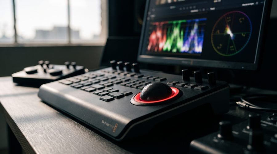 Panneau d'étalonnage Blackmagic et scopes (waveform, vectorscope) en suite de post-production