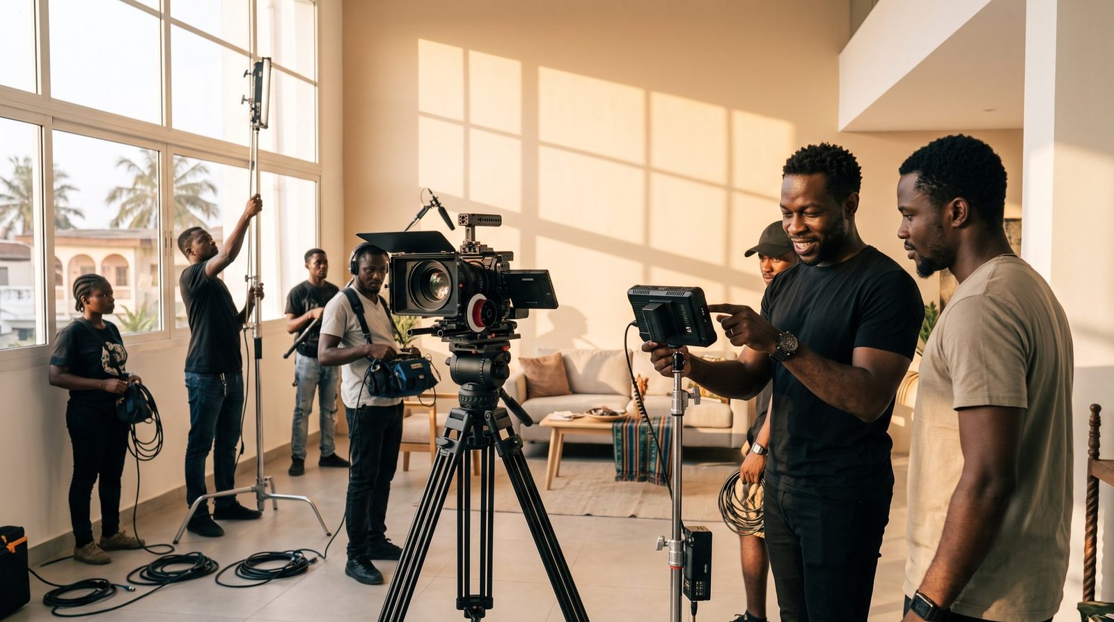 Équipe de tournage en action sur un plateau à Abidjan — caméra cinéma, lumière et retour vidéo — 78 Bootcamp